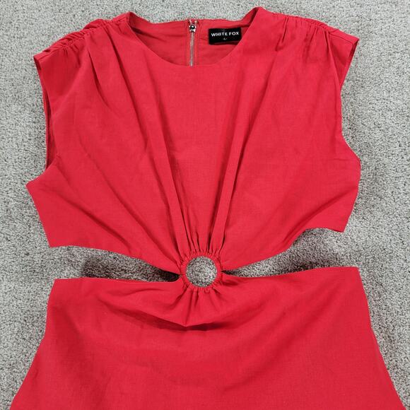 White Fox Cutout Ring Dress Womens L Red Sleeveless Mini Fit & Flare Ruffle Hem - Picture 11 of 16